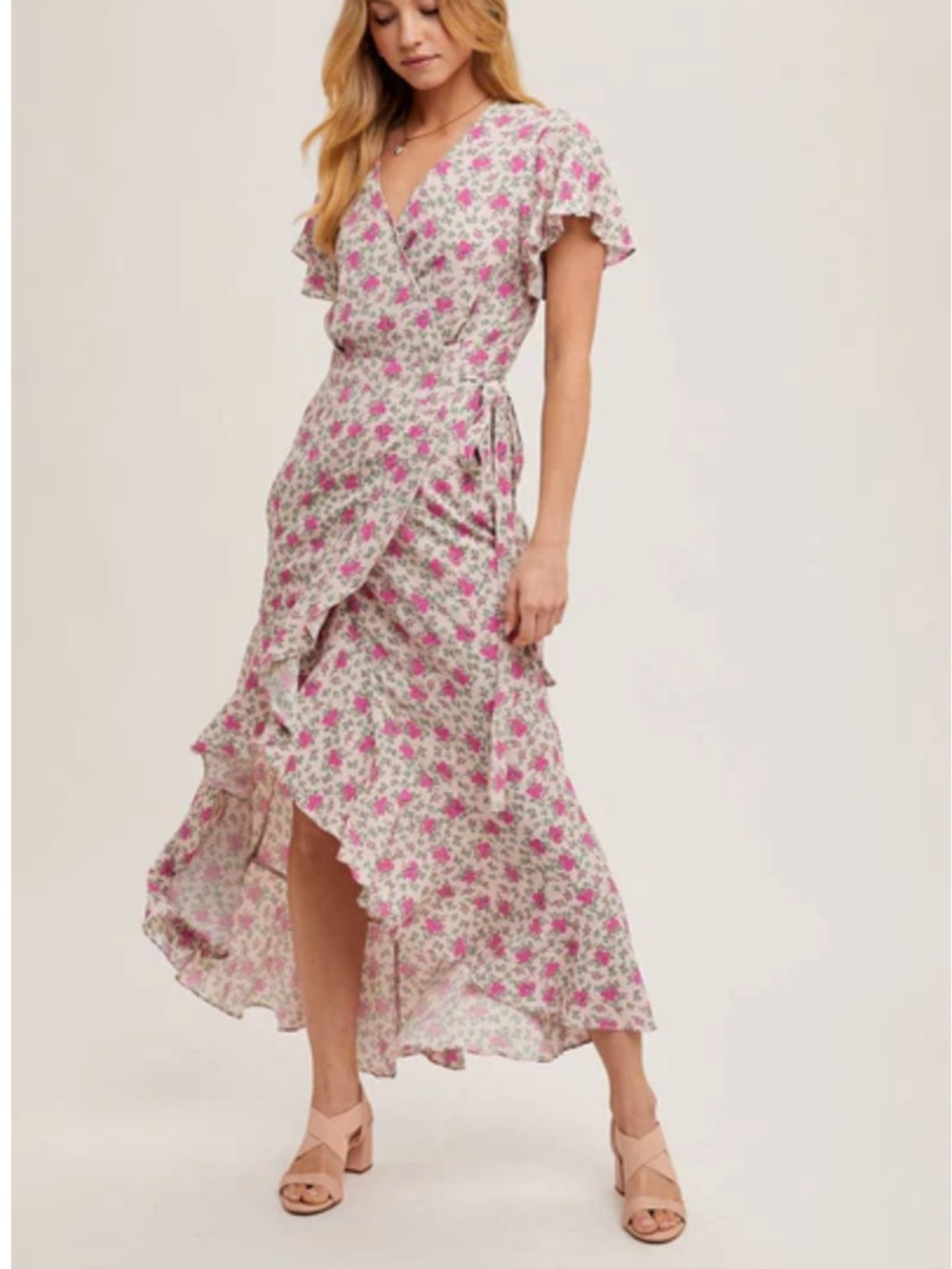 Bluivy Floral Wrap Maxi Dress Medium Ruffle Pink Romantic Feminine Cottage